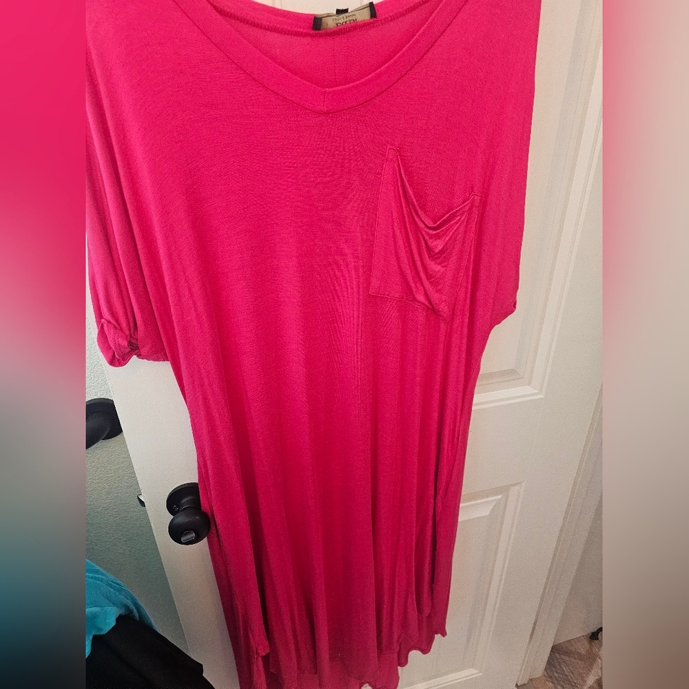 L&B Hot Pink V-Neck Midi Tunic with Pocket